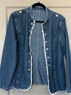 Denim Military-Style Jacket with Frayed Trim & Detail Stitching